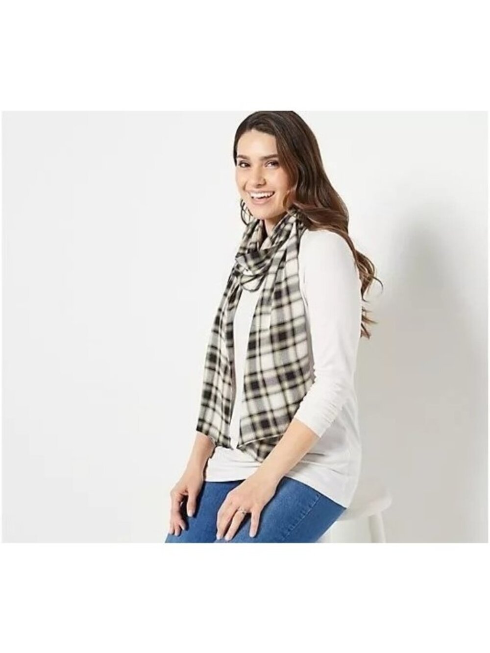 Susan Graver Liquid Knit Scoop Neck Top and Scarf Set Women 2X Antique Ivory NEW
